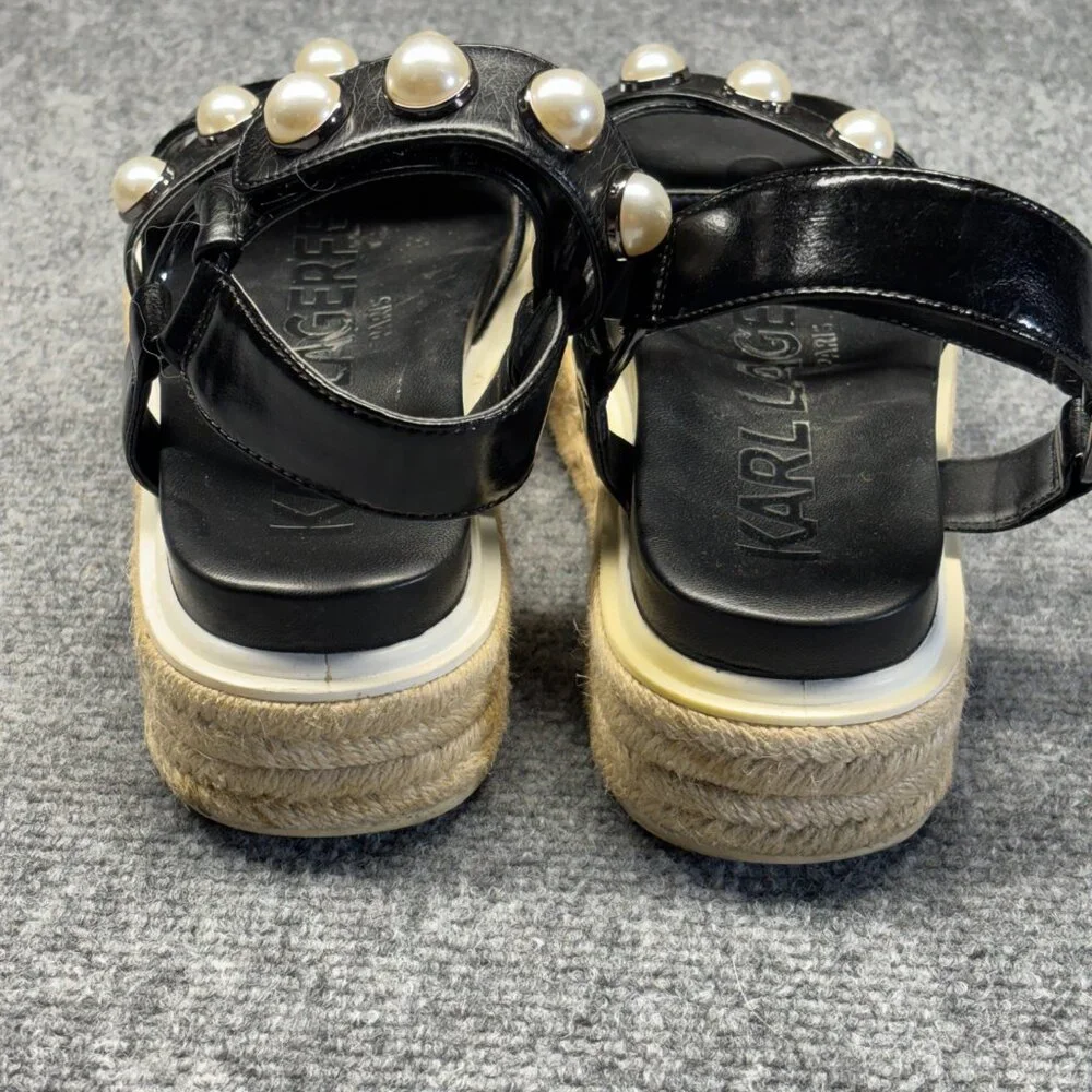 Karl Lagerfeld Womens Black Platform Espadrille Sandals Pearl Ankle Strap 7M